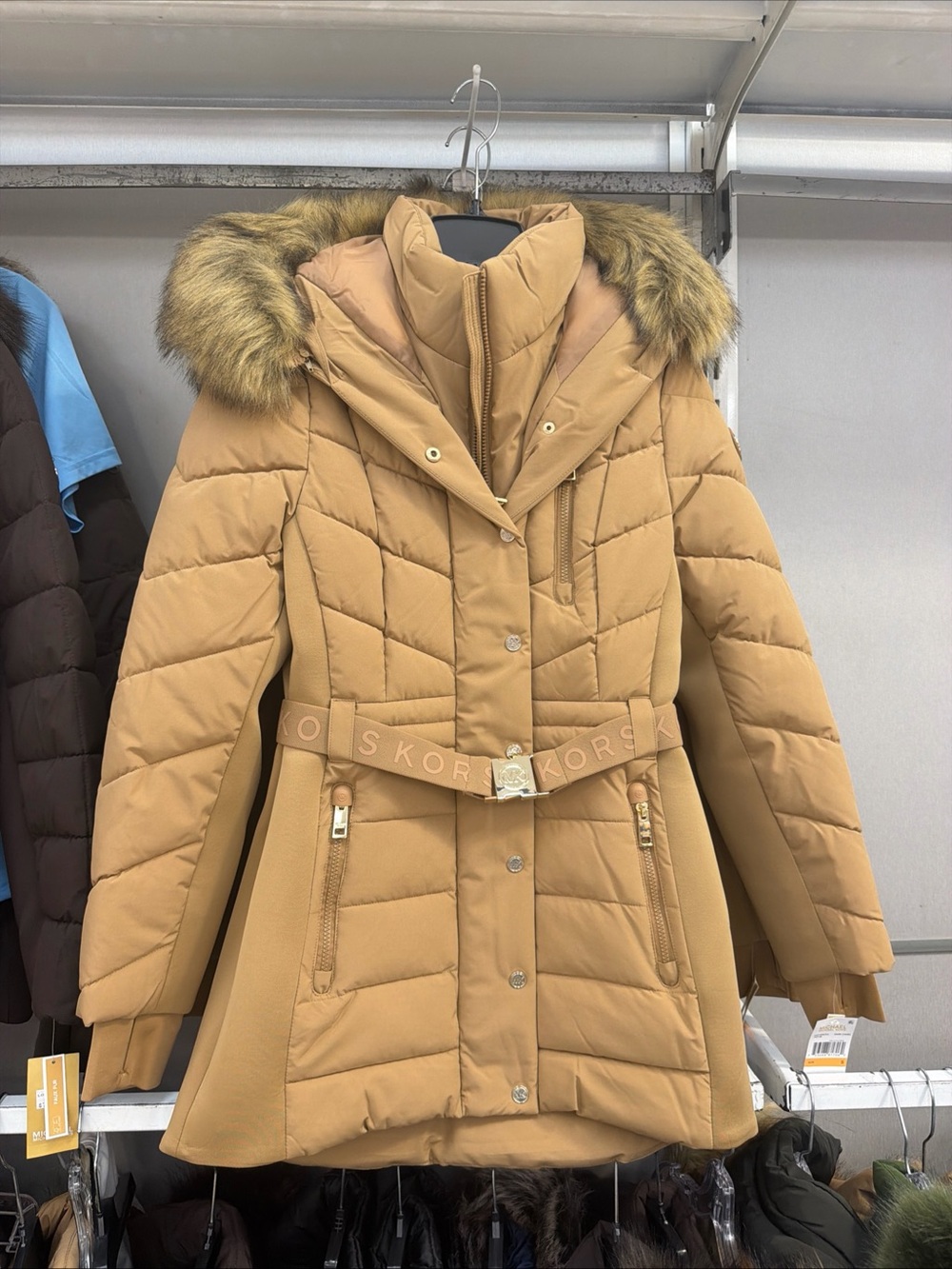Michael Kors Camel/Tan Quilted Puffer Coat with Faux Fur Hood